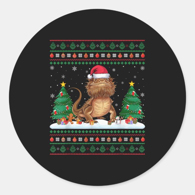 Christmas Tree Lights Bearded Dragon Santa Ugly Xm Classic Round Sticker (Front)