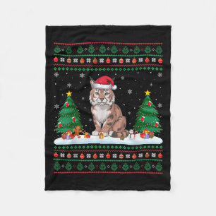 Christmas Tree Lights Bobcat Santa Ugly Xmas Sweat Fleece Blanket