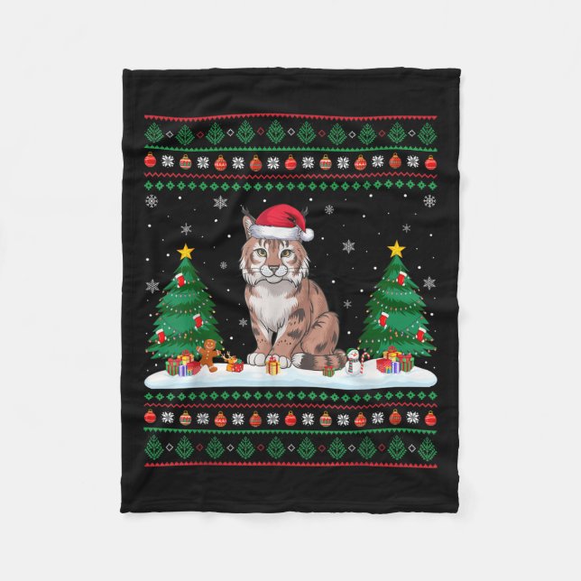 Christmas Tree Lights Bobcat Santa Ugly Xmas Sweat Fleece Blanket (Front)