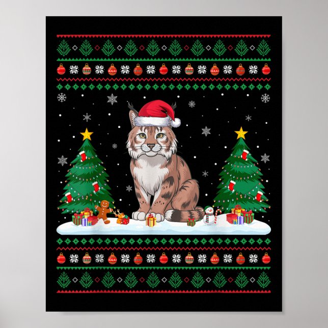 Christmas Tree Lights Bobcat Santa Ugly Xmas Sweat Poster (Front)