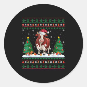 Christmas Tree Lights Cow Santa Ugly Xmas Sweater  Classic Round Sticker