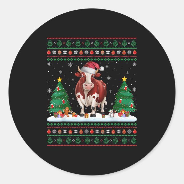 Christmas Tree Lights Cow Santa Ugly Xmas Sweater  Classic Round Sticker (Front)