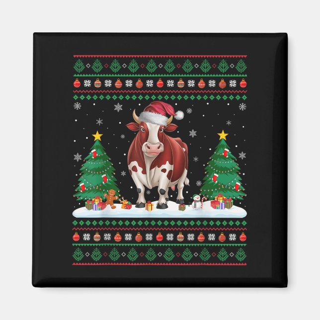 Christmas Tree Lights Cow Santa Ugly Xmas Sweater  Magnet (Front)