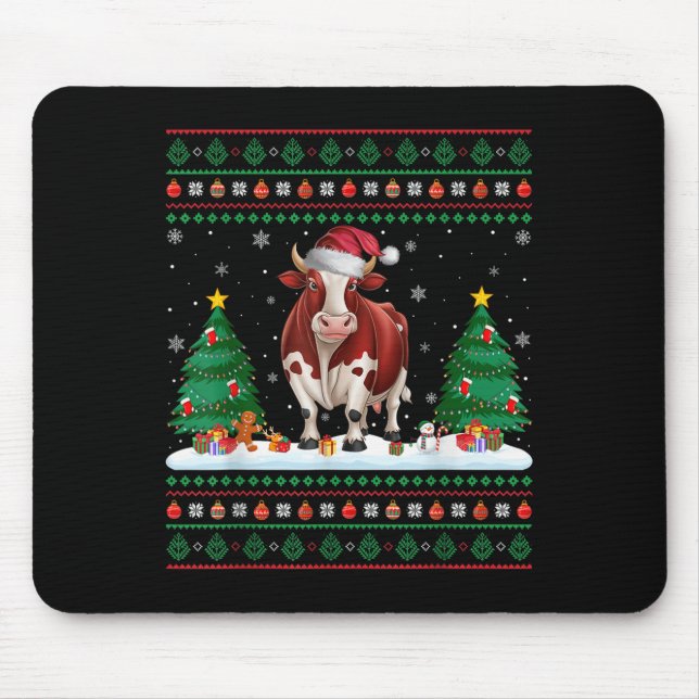 Christmas Tree Lights Cow Santa Ugly Xmas Sweater  Mouse Mat (Front)