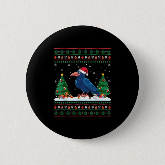 Christmas Tree Lights Crow Santa Ugly Xmas Sweater 6 Cm Round Badge (Front)