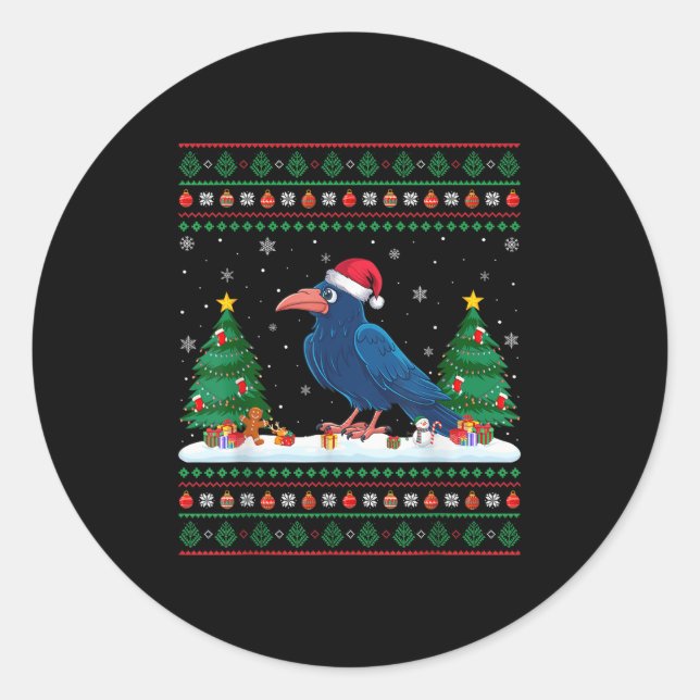 Christmas Tree Lights Crow Santa Ugly Xmas Sweater Classic Round Sticker (Front)