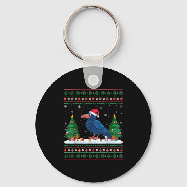 Christmas Tree Lights Crow Santa Ugly Xmas Sweater Key Ring (Front)
