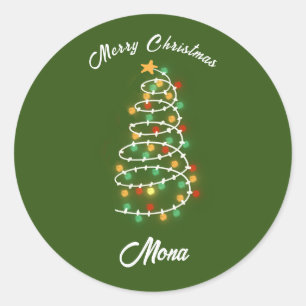 Christmas tree lights custom name classic round sticker