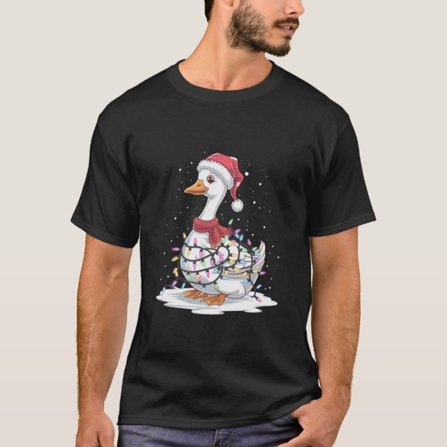 Christmas Tree Lights Goose Xmas Hat Cute Goose Lo T-Shirt (Front)
