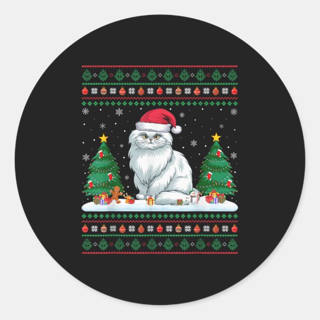 Christmas Tree Lights Persian Cat Santa Ugly Xmas  Classic Round Sticker (Front)
