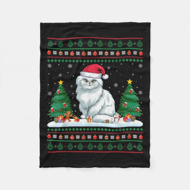 Christmas Tree Lights Persian Cat Santa Ugly Xmas  Fleece Blanket (Front)