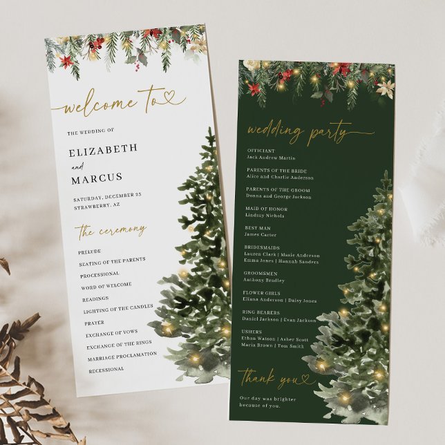 Christmas Tree Lights Pine Winter Wedding Program Programme (Christmas wedding program with watercolor pine tree and winter greenery, elegant holiday ceremony)