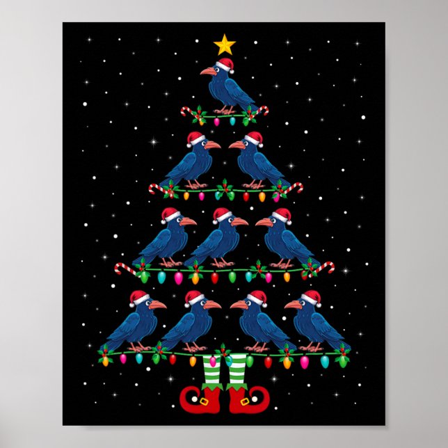 Christmas Tree Lights Santa Hat Elf Crow Xmas Tree Poster (Front)