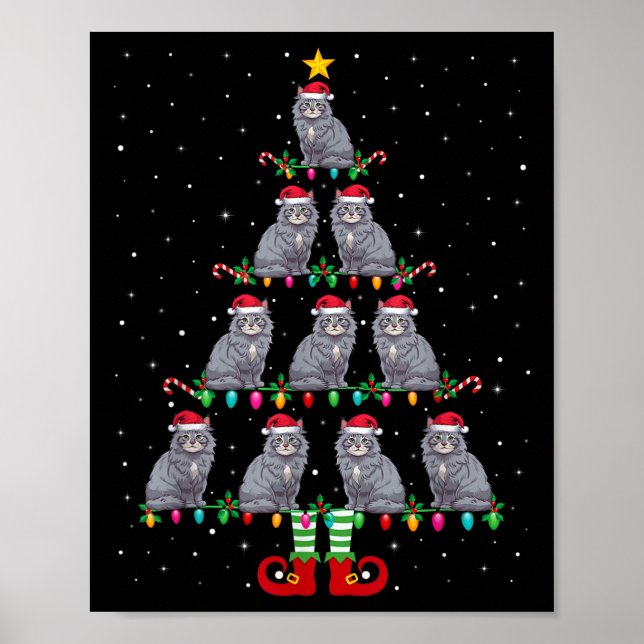 Christmas Tree Lights Santa Hat Elf Maine Coon Xma Poster (Front)