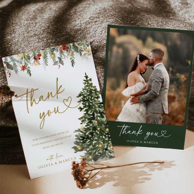 Christmas Tree Lights Winter Pine Wedding Thank You Card (Christmas wedding thank you card with watercolor tree, holiday greenery, and gold script design)