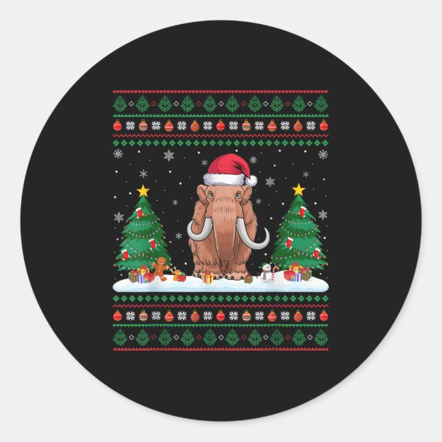 Christmas Tree Lights Woolly Mammoth Santa Ugly Xm Classic Round Sticker (Front)