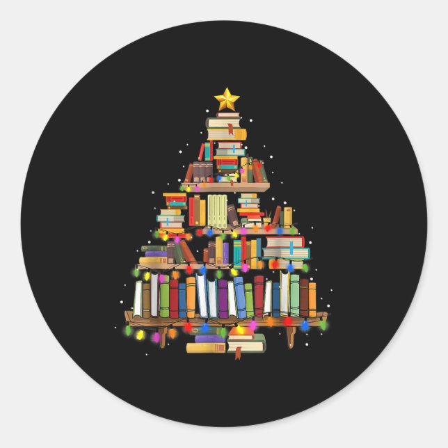 Christmas Tree Made Of Books Teacher Book Lovers C Classic Round Sticker (Front)