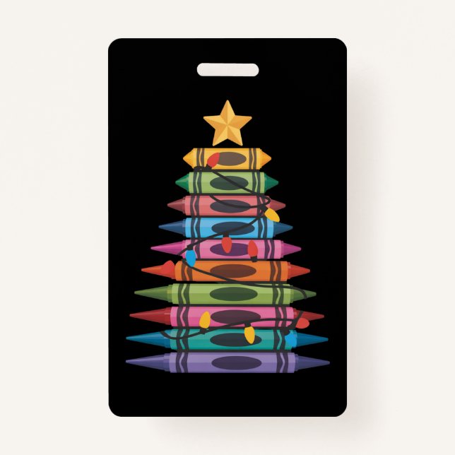 Christmas Tree Made of Crayons School Teacher Life ID Badge (Front)