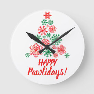 Christmas tree made of paw print snowflakes round clock