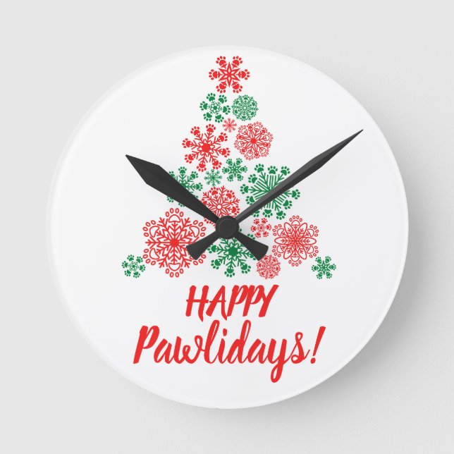 Christmas tree made of paw print snowflakes round clock (Front)