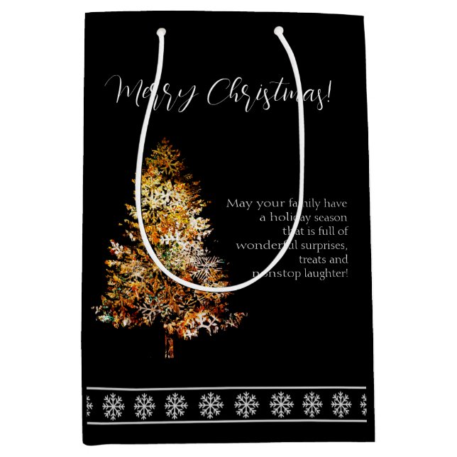 Christmas tree made of snowflakes black background medium gift bag (Front)