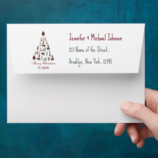 Christmas Tree Made of Toys Return Address Printed Envelope (Hand)