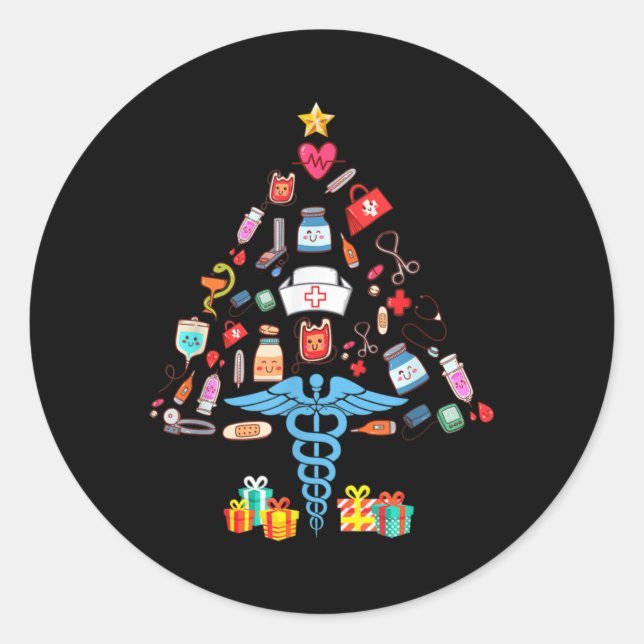 Christmas Tree Medical Tools Funny Nurse T Shirt  Classic Round Sticker (Front)