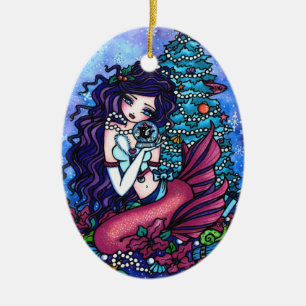 Christmas Tree Mermaid Presents Art by Hannah Lynn Ceramic Tree Decoration