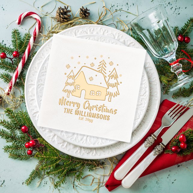 Christmas Tree Merry Christmas Family Name Date Foil Napkins (Christmas Cottage and Trees "Merry Christmas" Family Name and Date Established Stamped Foil Napkins)