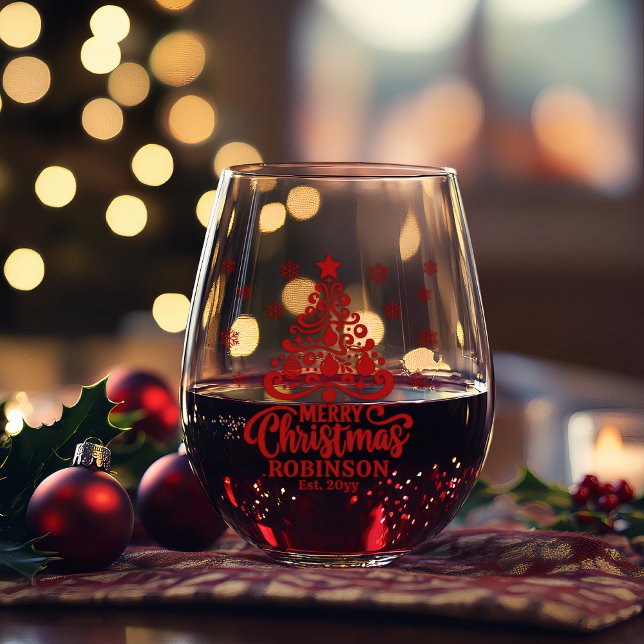 Christmas Tree Merry Christmas Family Name Date Stemless Wine Glass (Red Holiday Tree "Merry Christmas" Family Name and Year Established Stemless Wine Glasses )