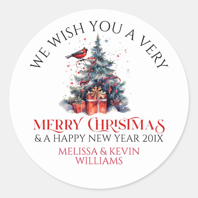 Christmas Tree Merry Christmas typography Classic Round Sticker (Front)