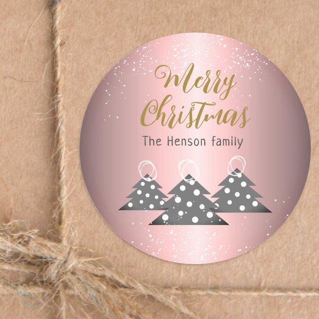 Christmas Tree Metallic Pink Family Holiday Classic Round Sticker (Creator Uploaded)