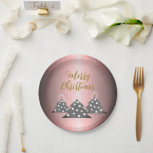 Christmas Tree Metallic Pink Script Holiday Party Paper Plate