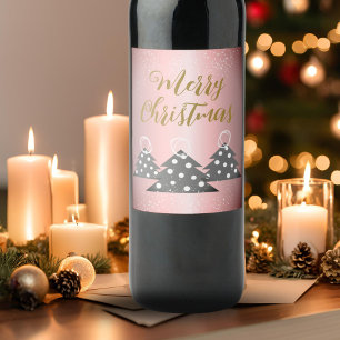 Christmas Tree Metallic Pink Script Holiday Wine Label