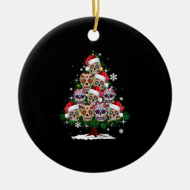 Christmas Tree Mexican Flower Sugar Skull Santa Ha Ceramic Tree Decoration (Front)