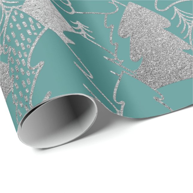 Christmas Tree Mint Teal Silver Gray Glitter Wood Wrapping Paper (Roll Corner)