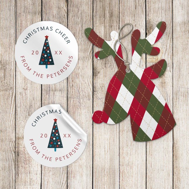Christmas tree modern family name red and navy classic round sticker (Creator Uploaded)