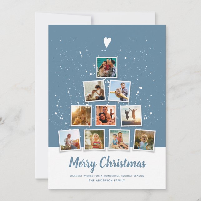 Christmas Tree Modern Family Photo Collage Blue Holiday Card (Front)