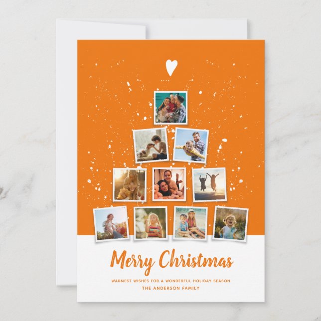 Christmas Tree Modern Family Photo Collage Orange Holiday Card (Front)
