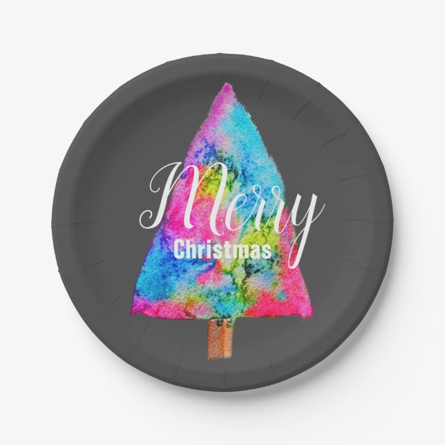 Christmas tree modern funky colours blue and pink paper plate (Front)