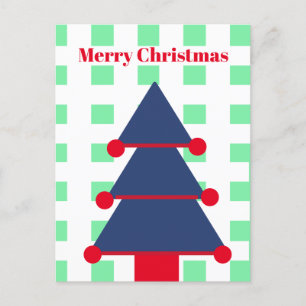Christmas Tree Modern Gingham Green Blue Greeting Postcard