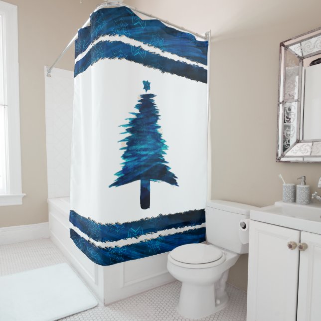 Christmas Tree Modern Holiday Pattern Blue Shower Curtain (In Situ)