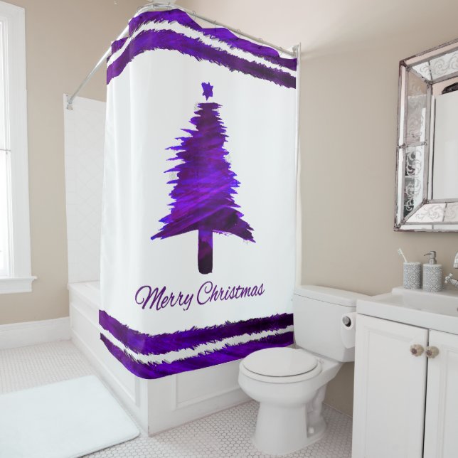Christmas Tree Modern Holiday Pattern Purple Shower Curtain (In Situ)