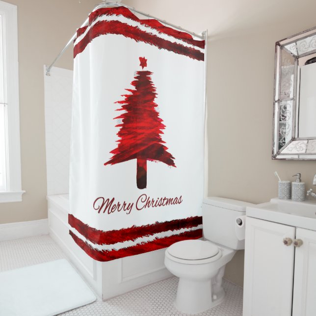 Christmas Tree Modern Holiday Pattern Red Shower Curtain (In Situ)