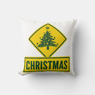 Christmas Tree Modern Holiday Road Warning Sign Cushion