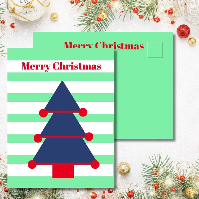 Christmas Tree Modern Stripe Blue Greeting  Postcard (Creator Uploaded)