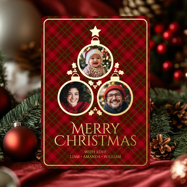 Christmas Tree Modern Tartan Plaids Family 3 Photo Foil Holiday Card (Christmas Tree Modern Tartan Plaids Family 3 Photo Foil Holiday Card)