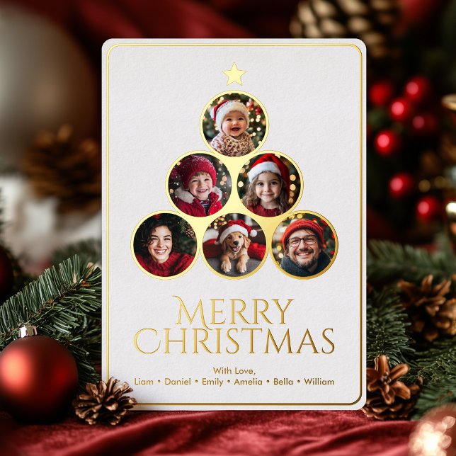 Christmas Tree Modern White Family Photo Foil Holiday Card (Christmas Tree Modern White Family Photo Foil Holiday Card)