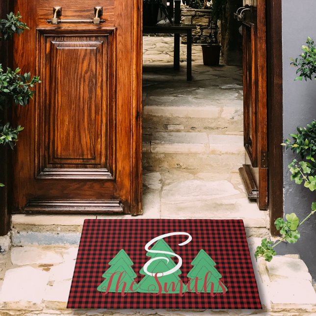Christmas Tree Monogram Red Black Buffalo Plaid   Doormat (Creator Uploaded)