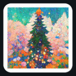 Christmas Tree Mucha style Square Sticker<br><div class="desc">Beautiful Christmas tree stickers labels Alphonse Mucha watercolor style colourful,  grees,  orange,  blue,  pink.</div>